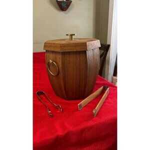 Vintage Japanese Mid-Century Modern Teak Ice Bucket Brass Handle Tongs Octagonal